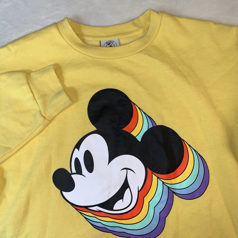 Disney Mickey & Co Mickey Mouse Rainbow Crewneck Sweatshirt Yellow Fleece Size L
